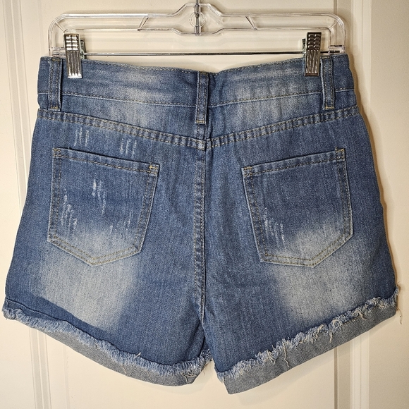 Women's Denim Star-Embellished Blue Distressed Women's High Rise Shorts Size S - Picture 2 of 12